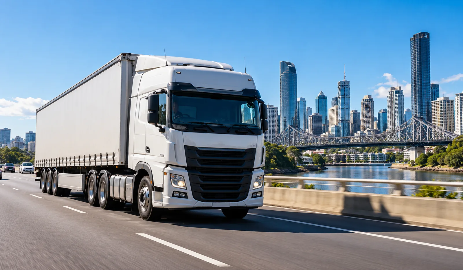 Semi-trailer truck on a Brisbane highway with city skyline